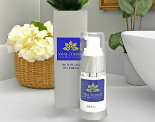 Anti-Aging Peptide Eye Cream 0.5 oz bottle for revitalizing eye skin, soy-free, non-GMO, plant-based, free shipping.