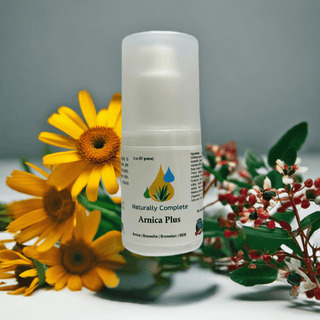 Arnica Plus pain relief product with floral background, soy-free, non-GMO, plant-based formula with no odor, stain, or grease.