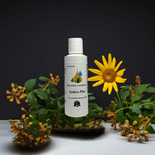 Arnica Plus pain relief bottle with natural ingredients, soy-free, non-GMO, plant-based product for back, neck, knee relief.