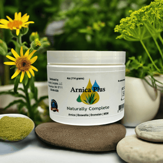 Arnica Plus pain relief cream jar surrounded by natural herbs and stones, featuring soy-free, non-GMO, plant-based formula.
