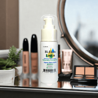 Bi-Estro Cream, Soy-Free, Non-GMO, 2 oz pump bottle on vanity, natural oils, organic ingredients, skincare product for women.