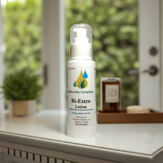 "Bi-Estro Lotion bottle, non-GMO, soy-free, plant-based cream for estrogen support."
