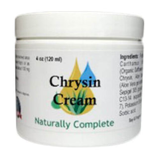 Chrysin Cream 4 oz jar, naturally complete, non-GMO, soy-free, plant-based product for energy, mood support, and muscle building.