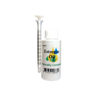 Estrogen oil bottle with measurement dropper for hormone balance, soy-free, non-GMO, plant-based product.