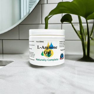 L-Arginine Gel 4 oz jar in bathroom, Non-GMO, unscented, made in the USA, supports performance, blood flow, and sensitivity.