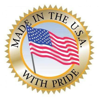 Gold seal with American flag stating "Made in the USA with Pride".