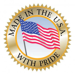 Made in the USA emblem with American flag and gold border.