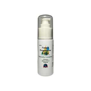 Natural progesterone lotion bottle, soy-free and non-GMO, plant-based product made in the USA.
