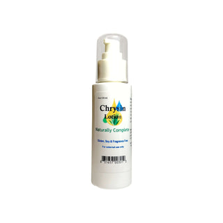 Chrysin lotion bottle, non-GMO, soy-free, plant-based product for energy, menopause relief, and muscle mass building.