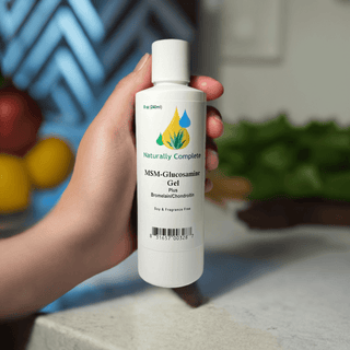 MSM Glucosamine Gel bottle for joint pain relief, soy-free, non-GMO, plant-based, made in USA.