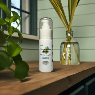 Pregnenolone pump bottle on wooden table, promoting longevity, anti-aging benefits, non-GMO, soy-free, unscented, made in USA.