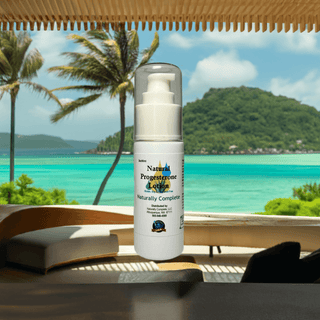 Natural Progesterone Lotion Bottle with Tropical Background | Soy-Free, Non-GMO, Plant-Based Hormone Cream