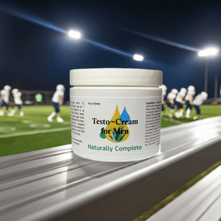 Testosterone booster cream for men, soy-free, non-GMO, plant-based, natural supplement on a sports field background.