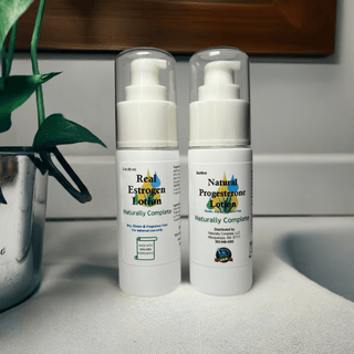 Estro Pack natural estrogen and progesterone lotions, unscented, plant-based, soy-free for menopause relief, 2 oz bottles.