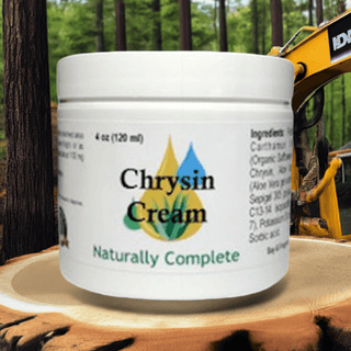 Chrysin Cream jar on tree stump promoting plant-based, soy-free, non-GMO benefits for energy and mood balance.