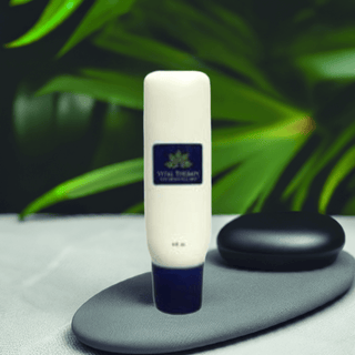 Skincare polishing scrub tube on a sleek surface with a lush green background, highlighting natural and cruelty-free ingredients.
