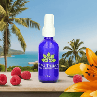Ultra Rich AHA Moisturizer 2 oz. bottle with tropical background, featuring mango, raspberry, non-GMO, soy-free, plant-based formula.