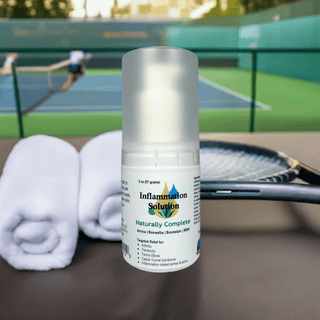 Inflammation Solution bottle with tennis racket and towels, featuring Arnica, Vitamin B6, MSM; soy-free, non-GMO, plant-based relief.