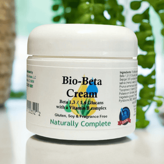 Bio-Beta Cream 2 oz jar with Vitamin B, soy-free, non-GMO, plant-based, promotes skin cell growth and healthy immune support.
