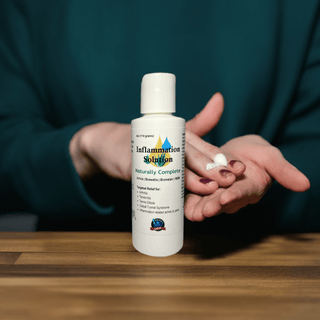 Inflammation Solution bottle with hand applying cream, featuring Arnica, Vitamin B6, and MSM. Soy-Free, Non-GMO, plant-based product.