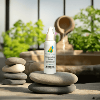 Pregnenolone lotion pump bottle in a serene spa setting with stones and greenery.
