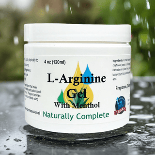 L-Arginine Gel with Menthol 4 oz. Jar on a reflective surface, showcasing USA-made, soy-free, non-GMO, plant-based muscle relief product.