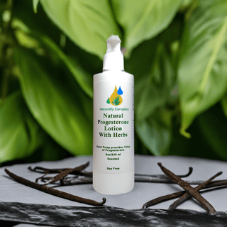 Natural Progesterone Plus Herbs Lotion 8oz bottle, Soy-Free, Non-GMO, plant-based product for hormone balance.