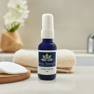 Vital Therapy Problem Skin Gel 1 oz bottle for hormonal breakouts, soy-free, non-GMO, plant-based skincare, made in USA.