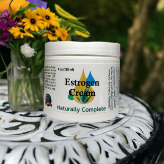 Estrogen Cream 4 oz jar offering natural menopause relief, soy-free, non-GMO, plant-based; includes free shipping, made in USA.