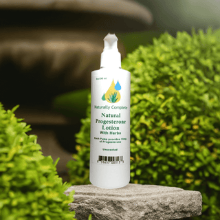 Natural Progesterone Plus Herbs Lotion in 8oz pump bottle for hormone balance, Soy-Free, Non-GMO, plant-based, outdoors setting