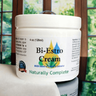 Bi-Estro Cream jar, Soy-Free and Non-GMO, natural plant-based product for hot flashes, estrogen balance, paraben-free, 4 oz size.
