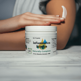 "Inflammation Solution cream for pain relief with Arnica, Vitamin B6, MSM. Soy-Free, Non-GMO, plant-based, USA-made."