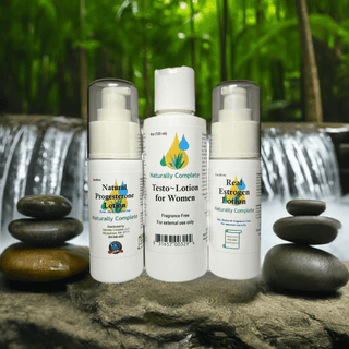 Balancing Pack for Women featuring soy-free, non-GMO plant-based lotions by a serene waterfall, promoting hormone balance.