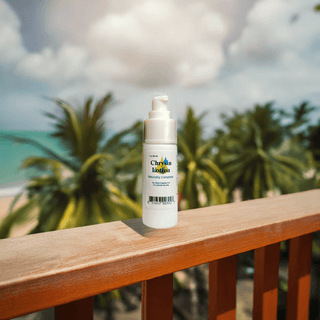 Chrysin lotion bottle with pump on wooden railing, tropical background, soy-free, non-GMO, plant-based product for energy and mood.