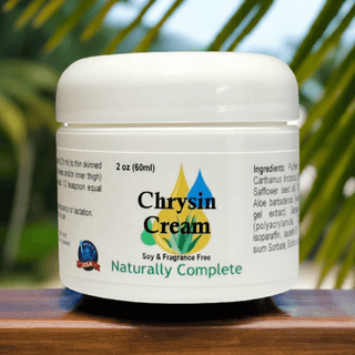 Chrysin Cream 2 oz jar, soy and fragrance-free, naturally complete, non-GMO, plant-based product, ideal for men and women.