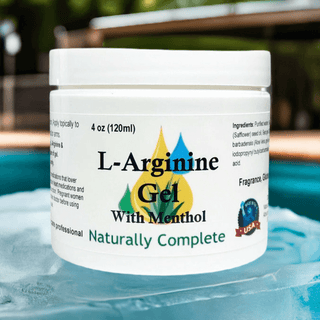 L-Arginine with Menthol 4 oz jar for muscle pain relief, soy-free, non-GMO, plant-based, made in the USA.