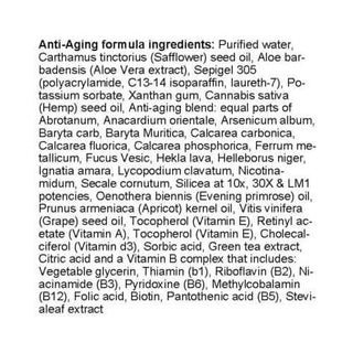 List of ingredients in anti-aging formula including safflower seed oil, aloe vera extract, and hemp seed oil.
