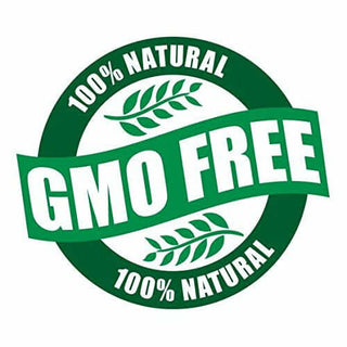 GMO free stamp with 100% natural label in green text surrounded by leaves.