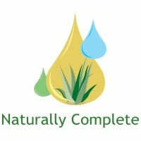 Naturally Complete logo with aloe vera inside water droplets.