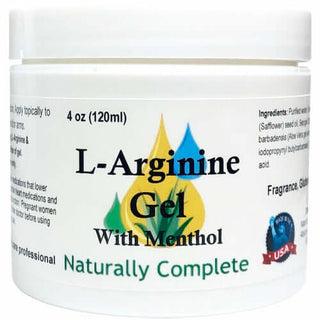 L-Arginine Gel with Menthol 4 oz jar, soy-free, non-GMO, plant-based, made in USA, for circulation and pain relief.
