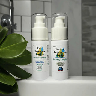 Natural estrogen and progesterone lotions for hormonal balance in a bathroom setting.