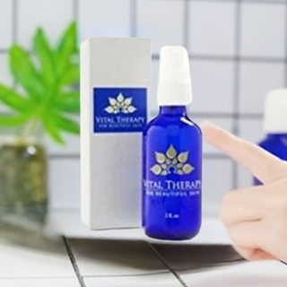 Anti inflammatory Peptide for Acne Vital Therapy product on a bathroom counter with plants