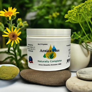 4 oz. Arnica Jar on a stone in a garden next to an arnica plant
