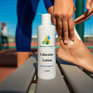 An 8 oz. bottle of Lidocain Lotion with a person rubbing into their ankle