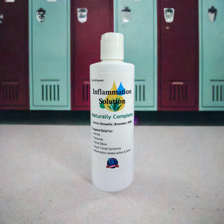 8 oz. bottle of Inflammation Solution in a locker room